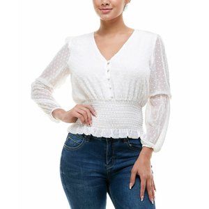 NWT Q+A Women's S White V-Neck Polka Dot Smock Hem Long Sleeve Blouse Top